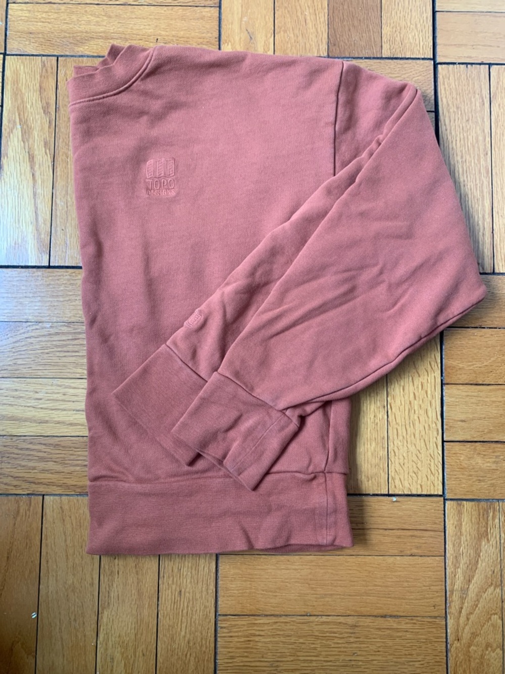 Topo Designs Crewneck Sweatshirt in Muted Orange. Organic cotton.